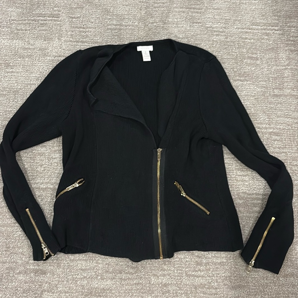 Chicos black moto sweater with gold zips